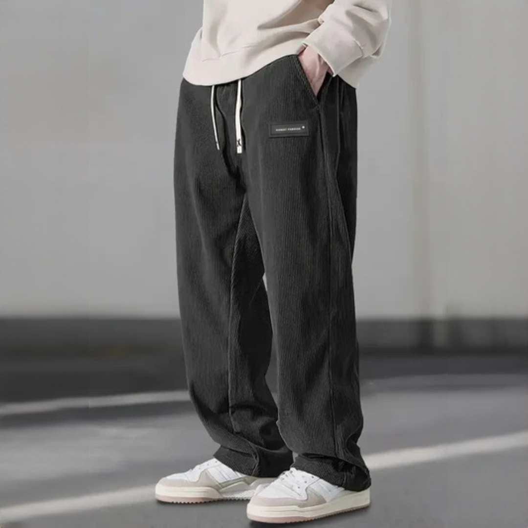 Men's Pants - Adjustable Drawstring Waist, Relaxed Straight‑Leg, Side Pockets, Logo Patch