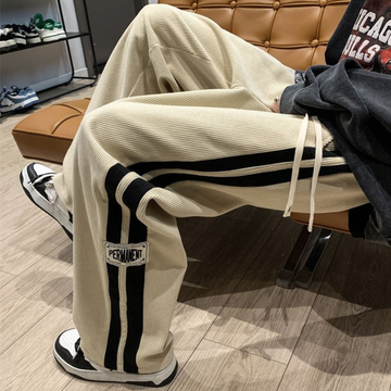 Men's Pants with Double Side Stripes and Patch Logo, Elastic Drawstring Waist - Wide Relaxed Fit