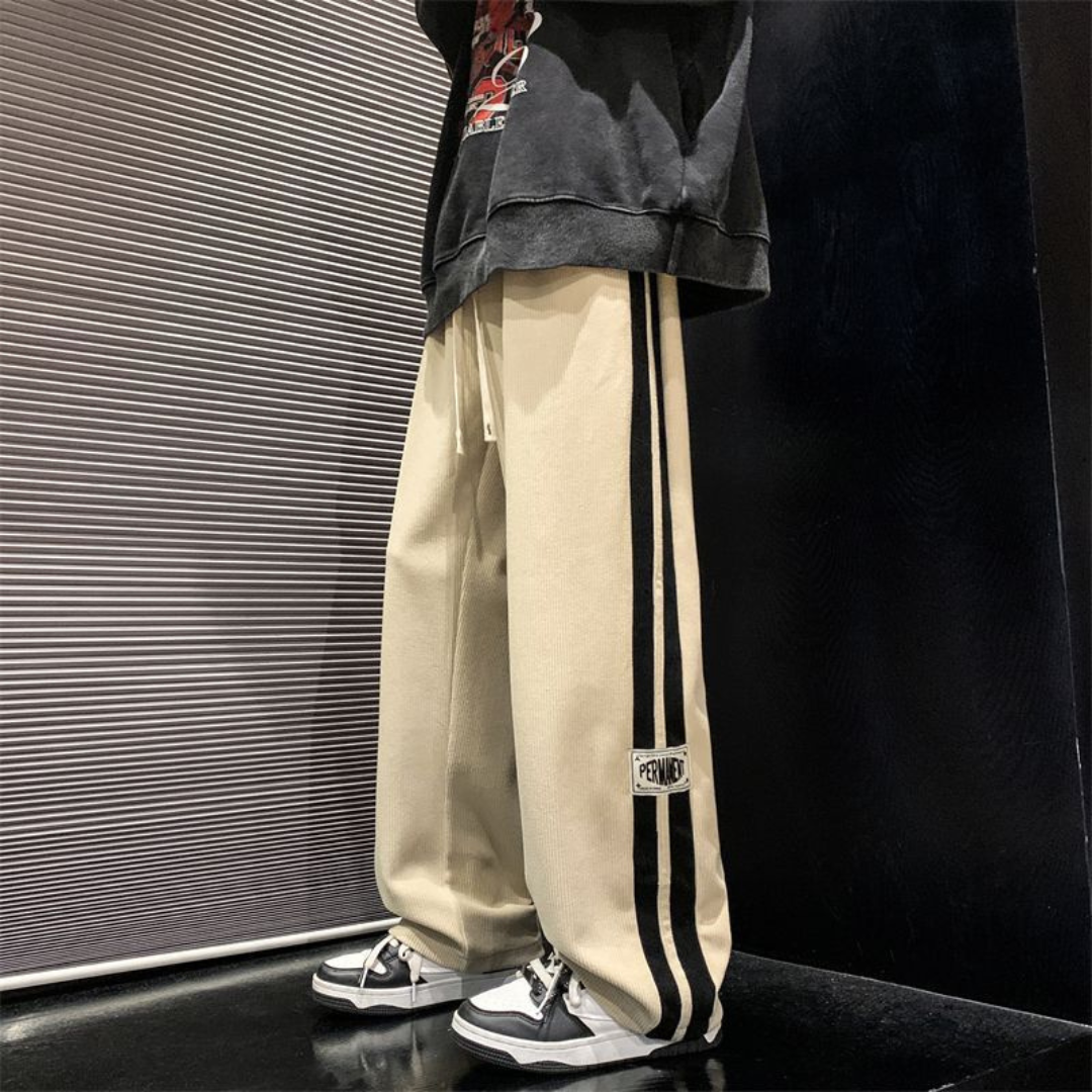 Men's Pants with Double Side Stripes and Patch Logo, Elastic Drawstring Waist - Wide Relaxed Fit