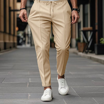 Men's Pants with Elastic Drawstring Waist, Crease Front, Tapered Leg, Relaxed Fit