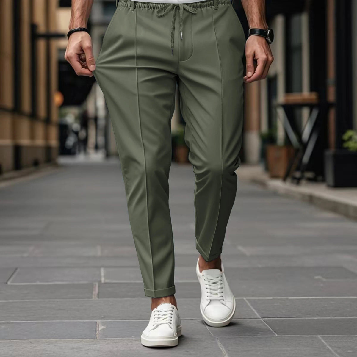 Men's Pants with Elastic Drawstring Waist, Crease Front, Tapered Leg, Relaxed Fit