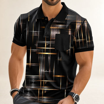Men's Polo Shirt, Geometric Grid Print, Chest Pocket, Three-Button Placket, Contrast Collar and Cuffs, Short Sleeve, Relaxed Fit