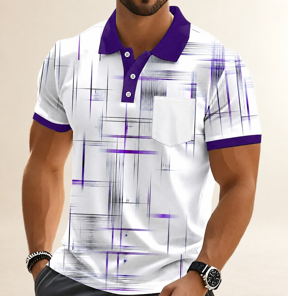 Men's Polo Shirt, Geometric Grid Print, Chest Pocket, Three-Button Placket, Contrast Collar and Cuffs, Short Sleeve, Relaxed Fit