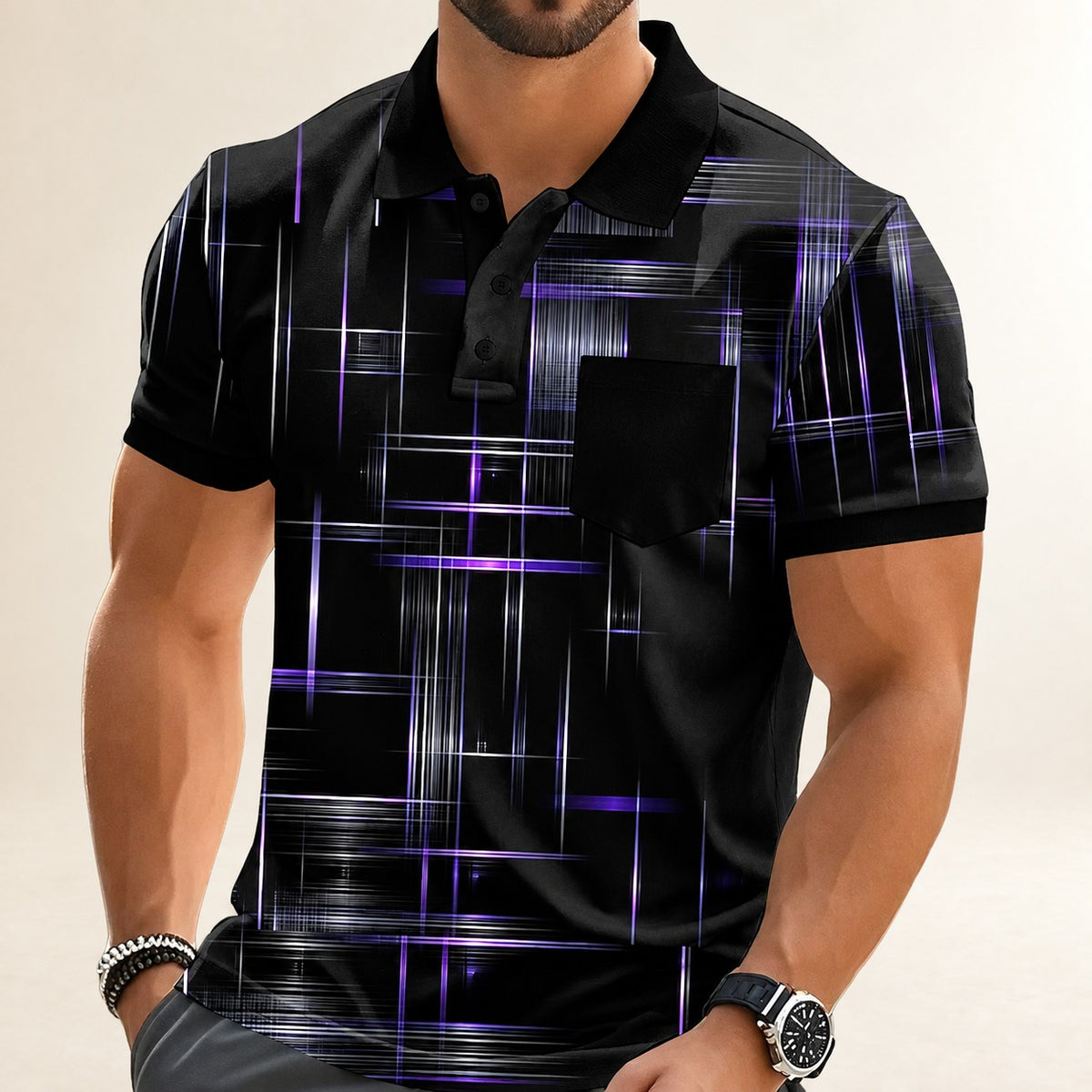 Men's Polo Shirt, Geometric Grid Print, Chest Pocket, Three-Button Placket, Contrast Collar and Cuffs, Short Sleeve, Relaxed Fit