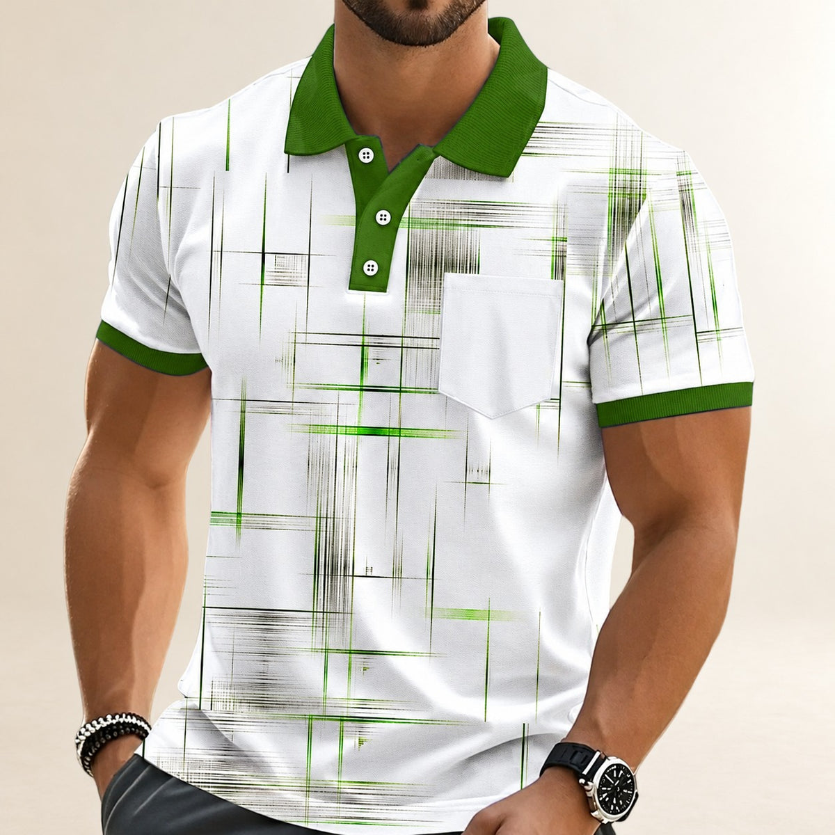 Men's Polo Shirt, Geometric Grid Print, Chest Pocket, Three-Button Placket, Contrast Collar and Cuffs, Short Sleeve, Relaxed Fit