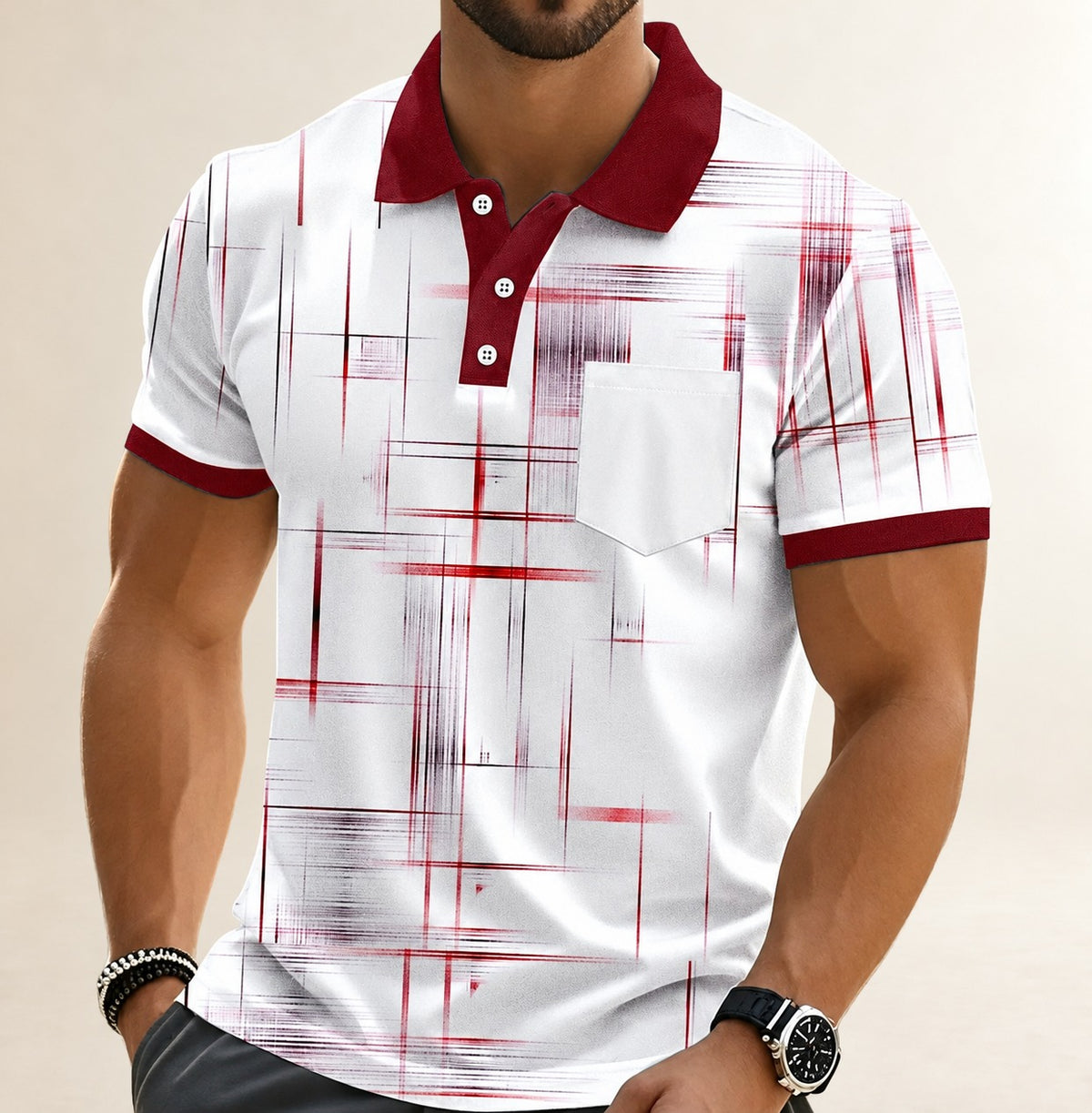 Men's Polo Shirt, Geometric Grid Print, Chest Pocket, Three-Button Placket, Contrast Collar and Cuffs, Short Sleeve, Relaxed Fit