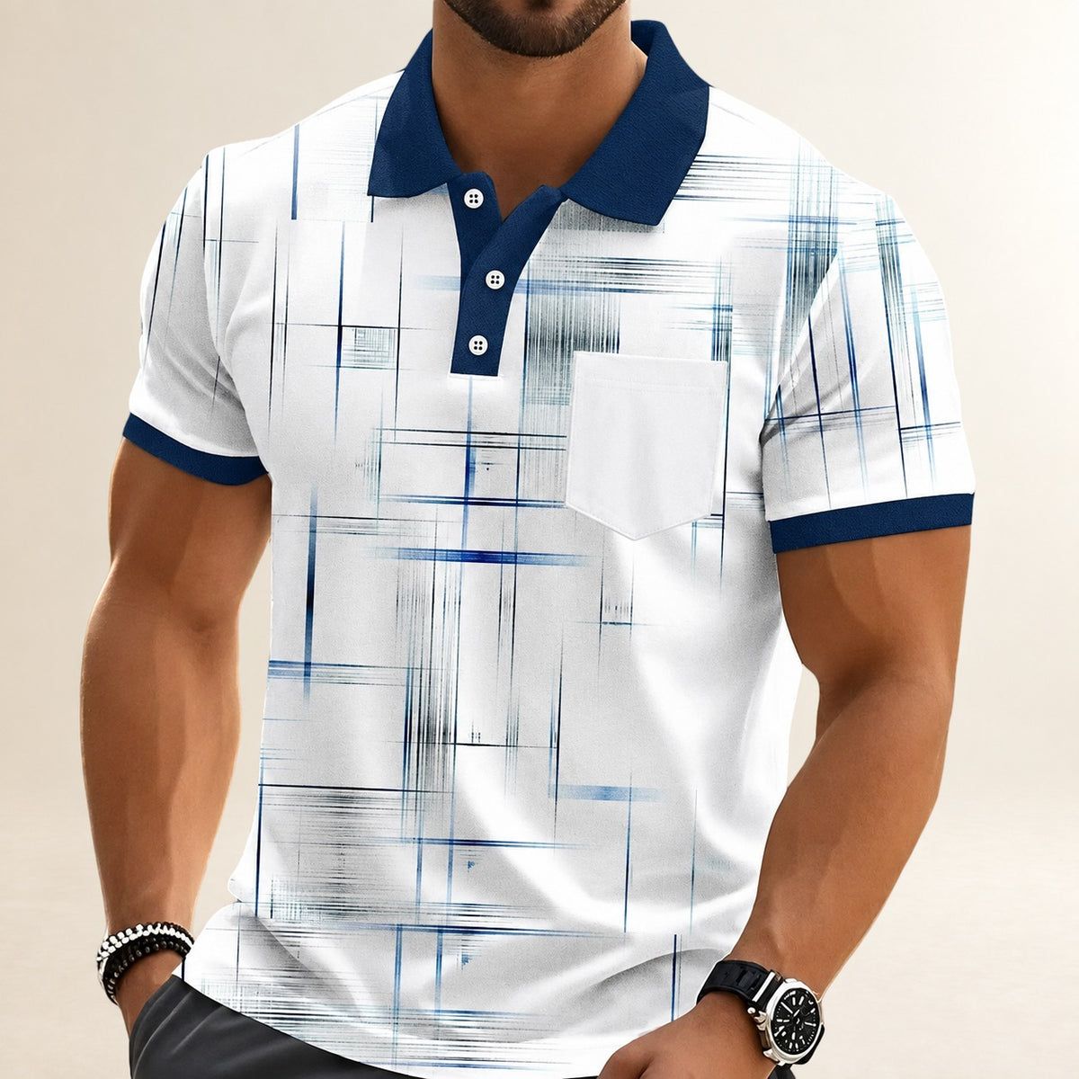 Men's Polo Shirt, Geometric Grid Print, Chest Pocket, Three-Button Placket, Contrast Collar and Cuffs, Short Sleeve, Relaxed Fit