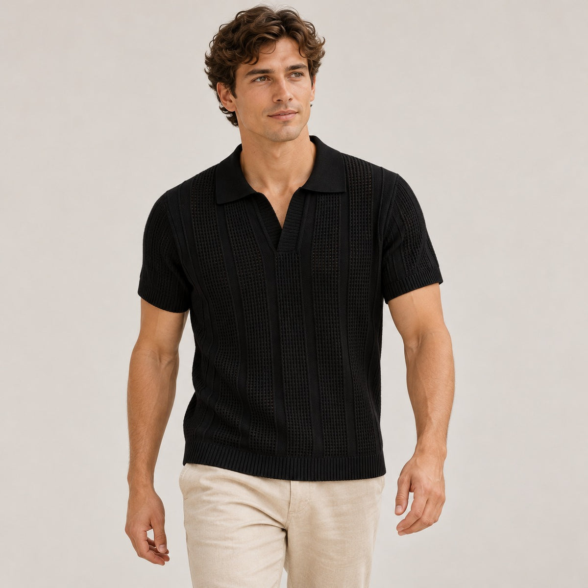 Men's Polo Shirt - Short Sleeve, Textured Design, Classic Collar
