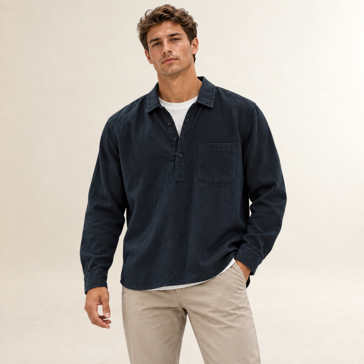 Men's Popover Shirt - Long Sleeve with Button Placket and Chest Pocket
