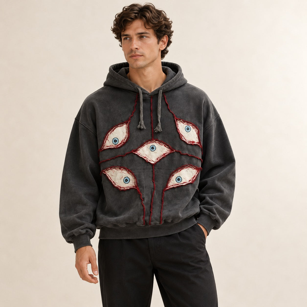 Men's Pullover Hoodie Harajuku Eye Patchwork Applique with Drawstring Hood, Cropped Oversized Fit