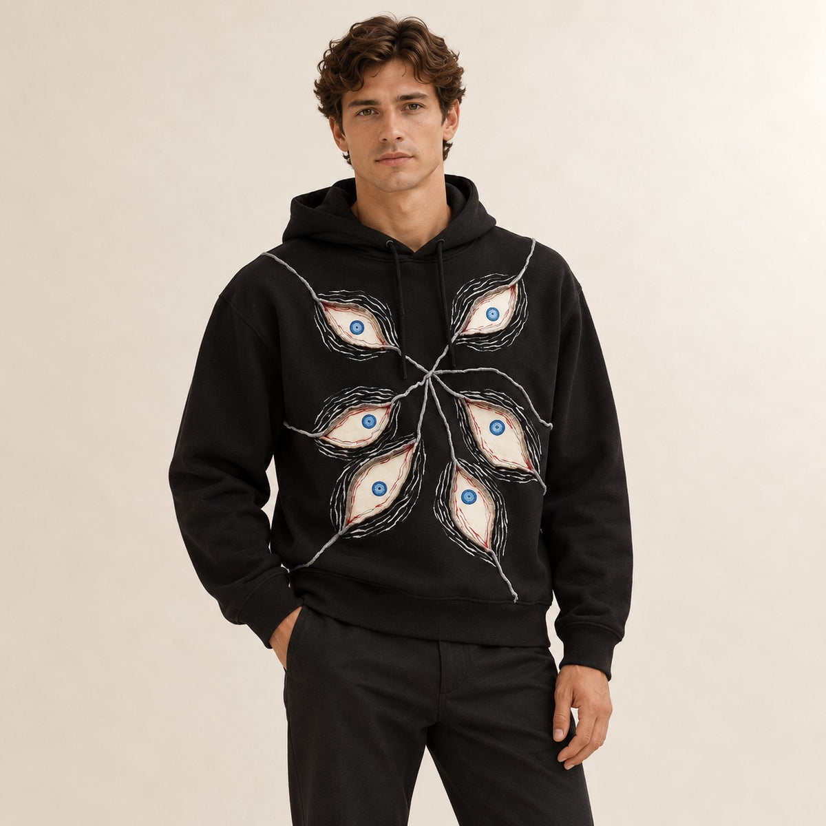 Men's Pullover Hoodie Harajuku Eye Patchwork Applique with Drawstring Hood, Cropped Oversized Fit
