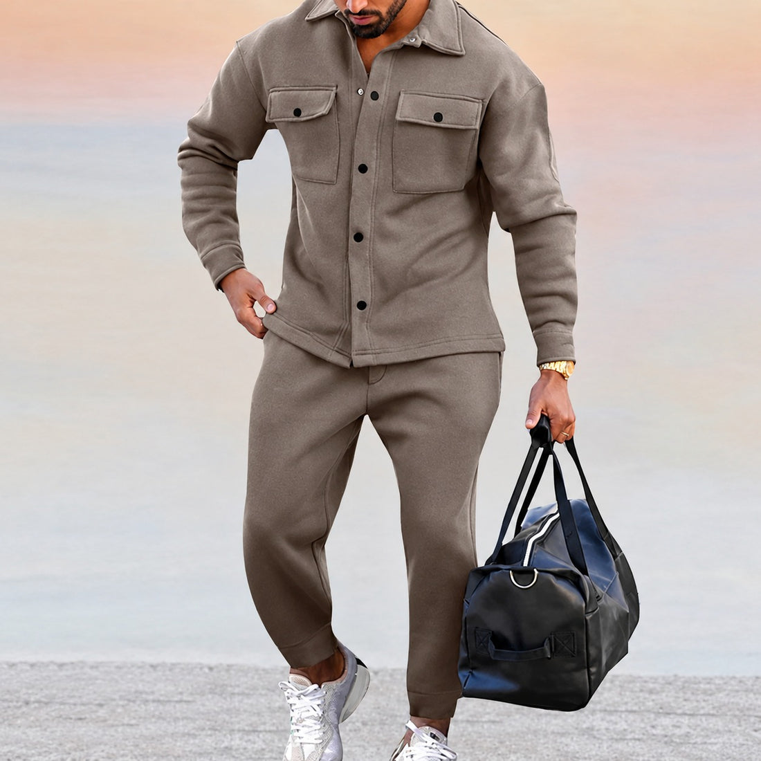 Men's Set - Casual Jacket and Jogger Pants with Pockets and Button Closure