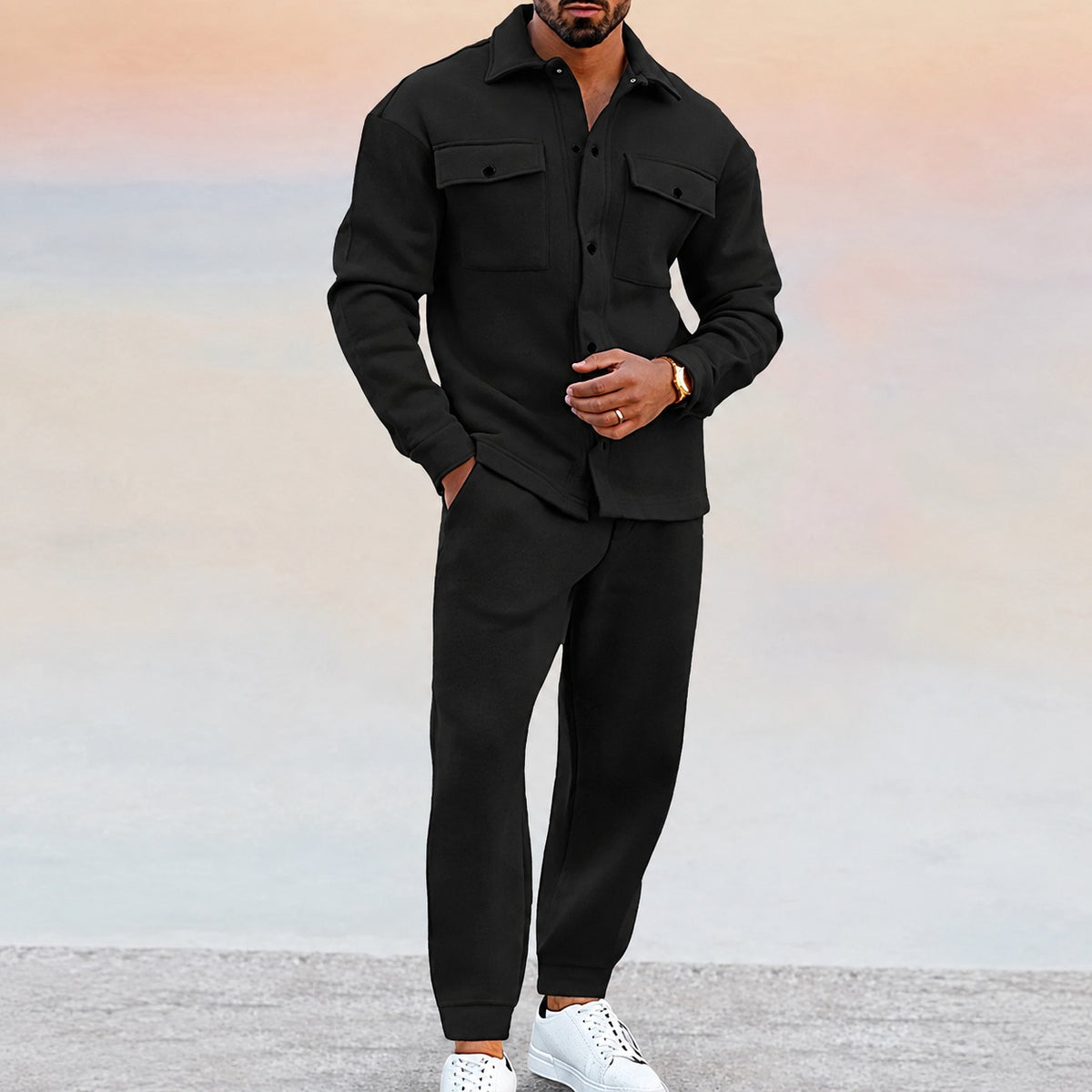 Men's Set - Casual Jacket and Jogger Pants with Pockets and Button Closure
