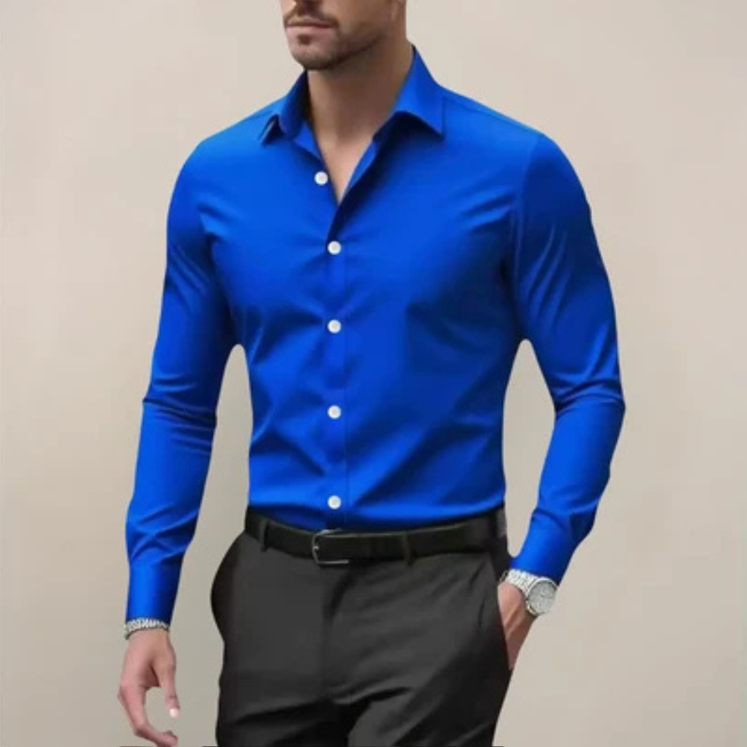 Men's Shirt Slim Fit Long-Sleeve Button-Front with Point Collar