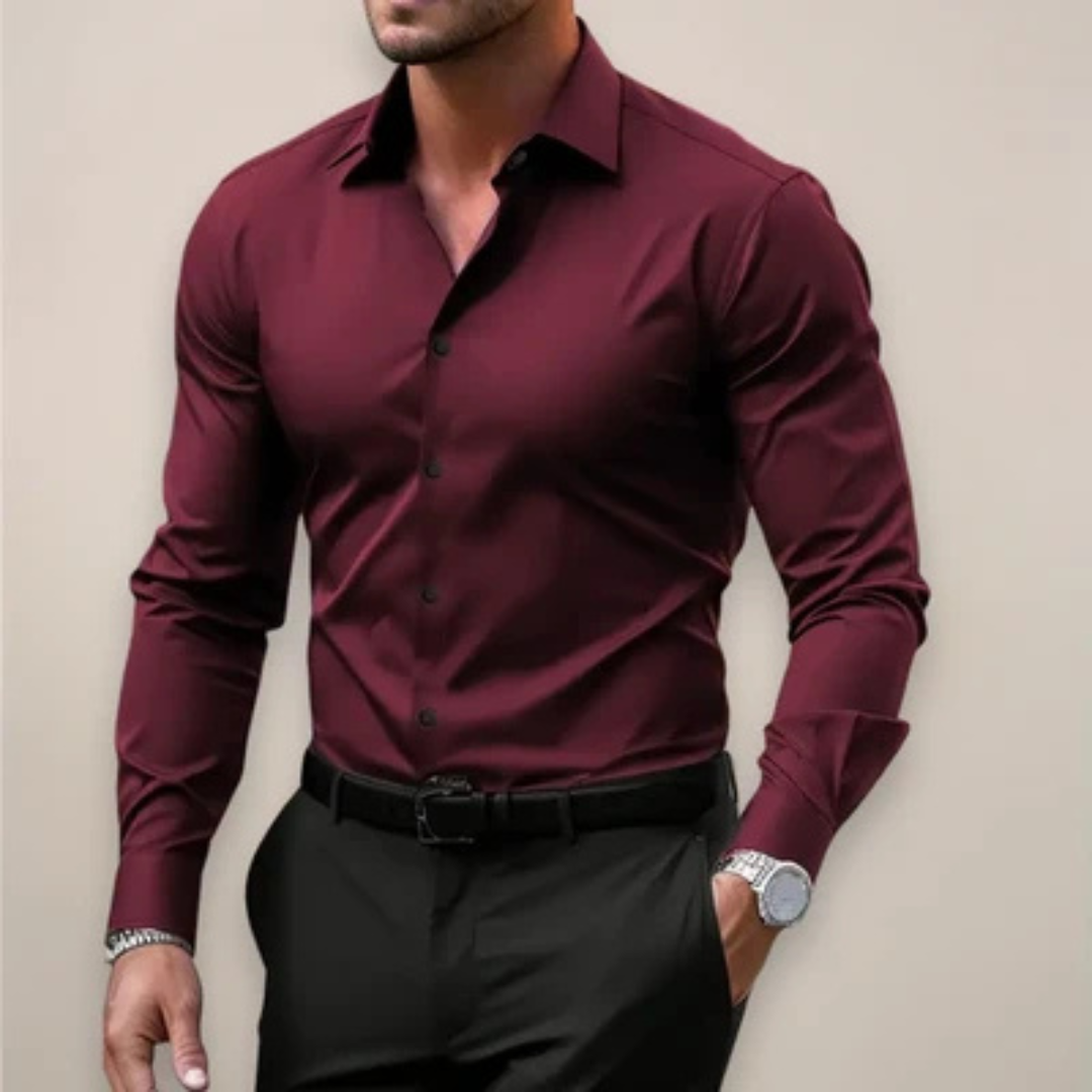 Men's Shirt Slim Fit Long-Sleeve Button-Front with Point Collar