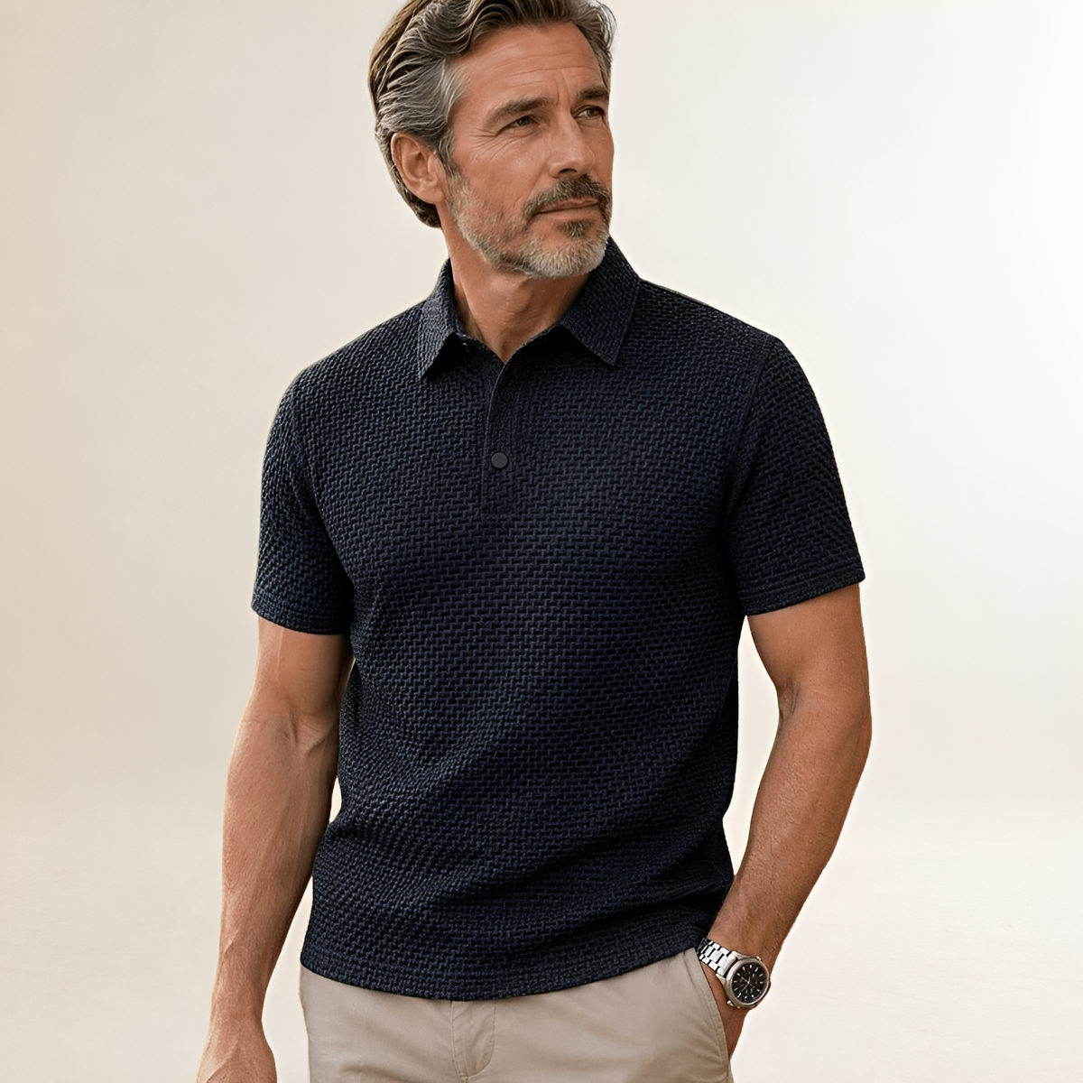 Men's Short-Sleeve Polo Shirt Textured Basket-Weave Pattern, Spread Collar, Snap Placket, Classic Fit