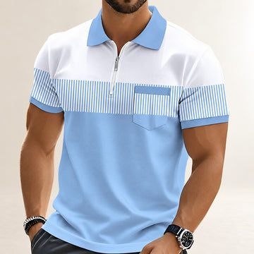 Men's Short-Sleeve Polo Shirt with Zip Placket, Striped Chest Panel, Relaxed Fit
