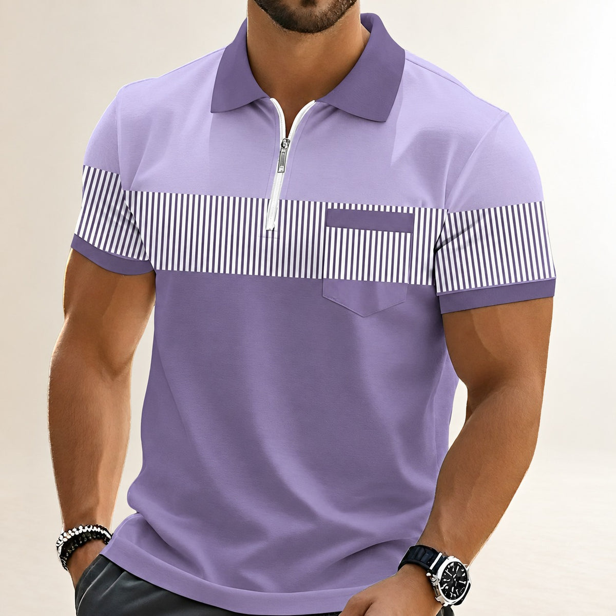Men's Short-Sleeve Polo Shirt with Zip Placket, Striped Chest Panel, Relaxed Fit