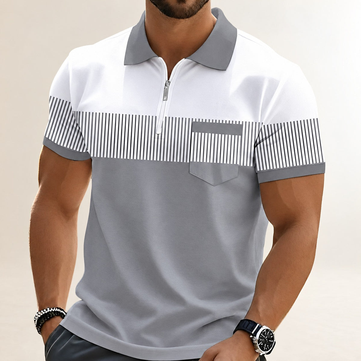 Men's Short-Sleeve Polo Shirt with Zip Placket, Striped Chest Panel, Relaxed Fit