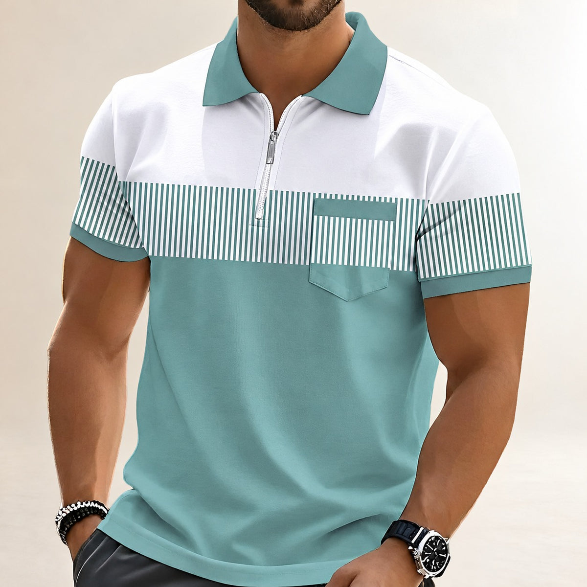 Men's Short-Sleeve Polo Shirt with Zip Placket, Striped Chest Panel, Relaxed Fit