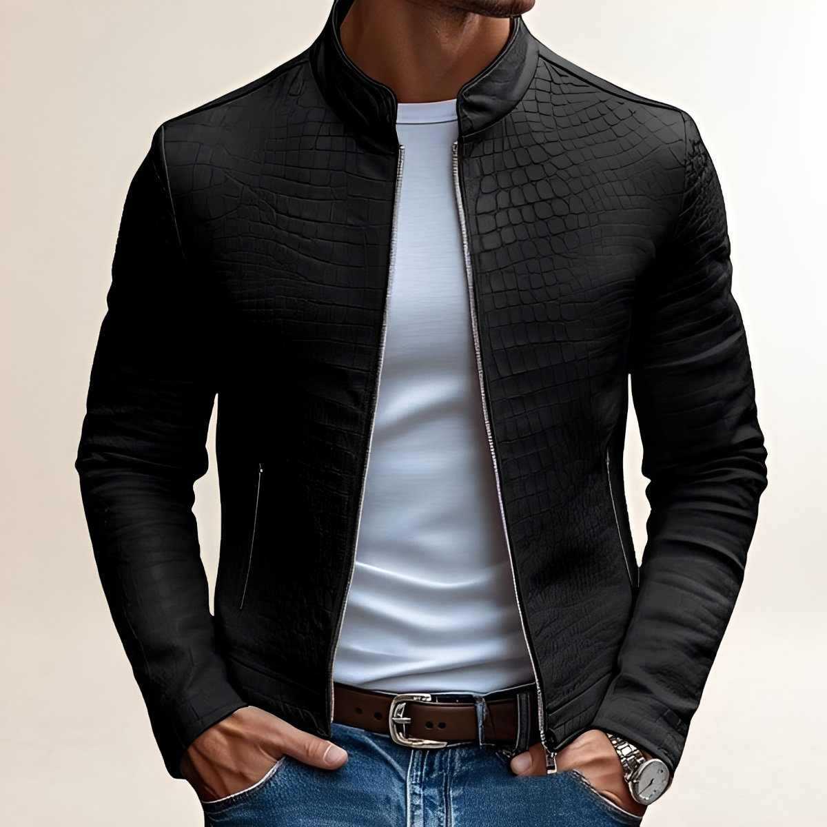 Men's Slim Fit Stand Collar Zipper Jacket - Textured Design