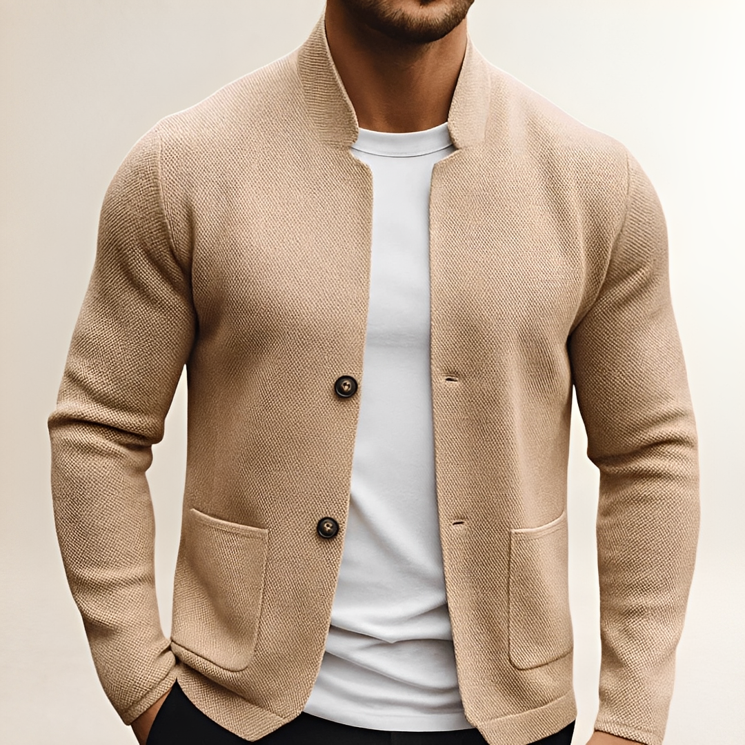 Men's Stand-Collar Cardigan, Two-Button Closure, Patch Pockets, Textured Finish, Regular Fit
