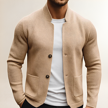 Men's Stand-Collar Cardigan, Two-Button Closure, Patch Pockets, Textured Finish, Regular Fit