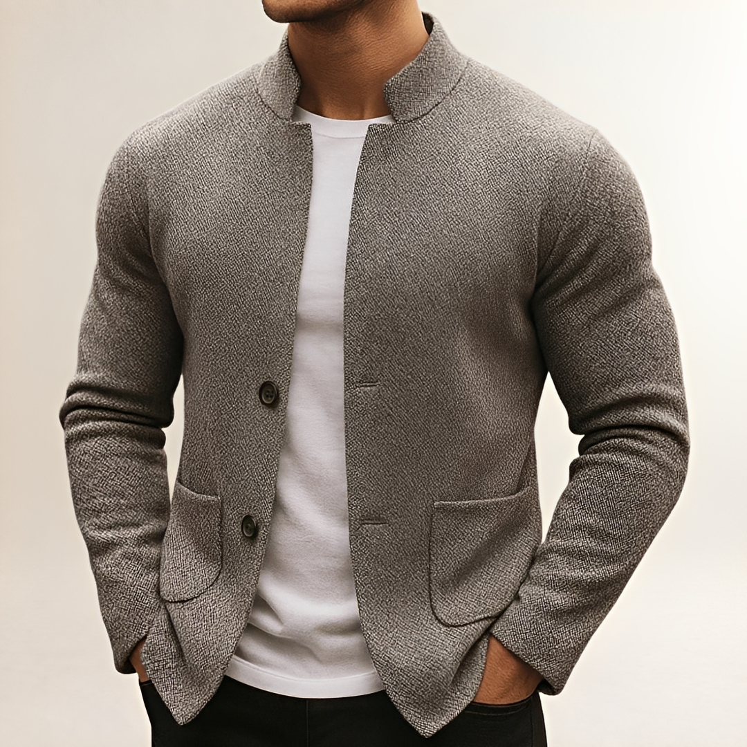 Men's Stand-Collar Cardigan, Two-Button Closure, Patch Pockets, Textured Finish, Regular Fit