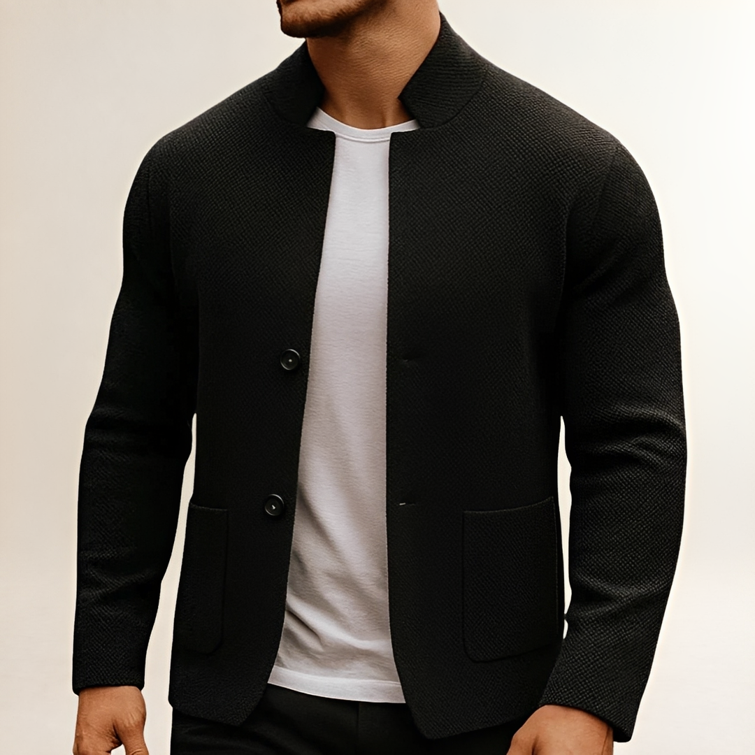 Men's Stand-Collar Cardigan, Two-Button Closure, Patch Pockets, Textured Finish, Regular Fit