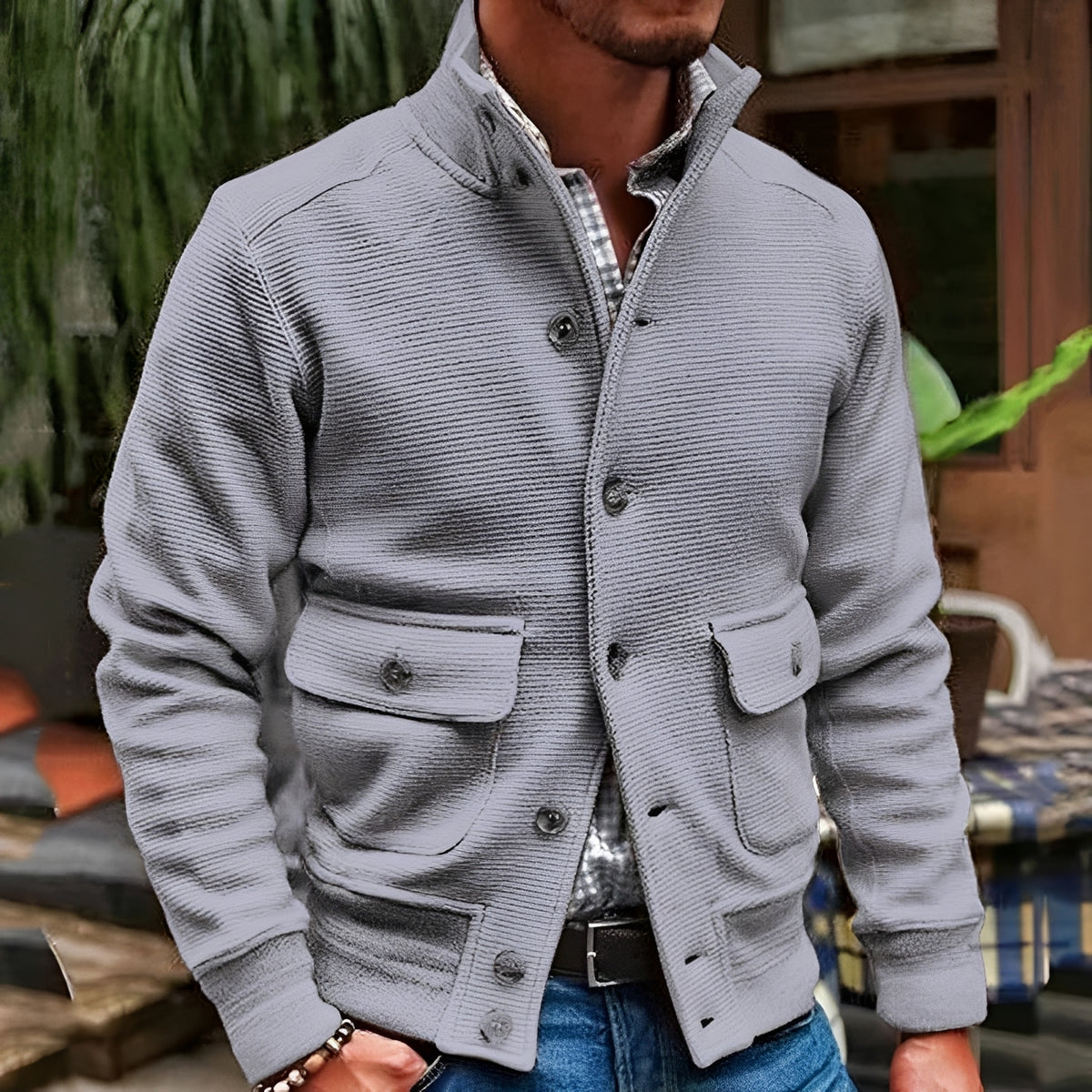 Men's Stand Collar Jacket with Flap Pockets - Casual Outerwear
