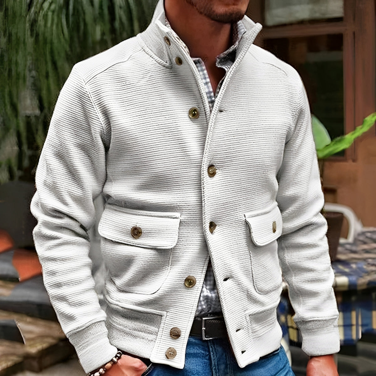 Men's Stand Collar Jacket with Flap Pockets - Casual Outerwear
