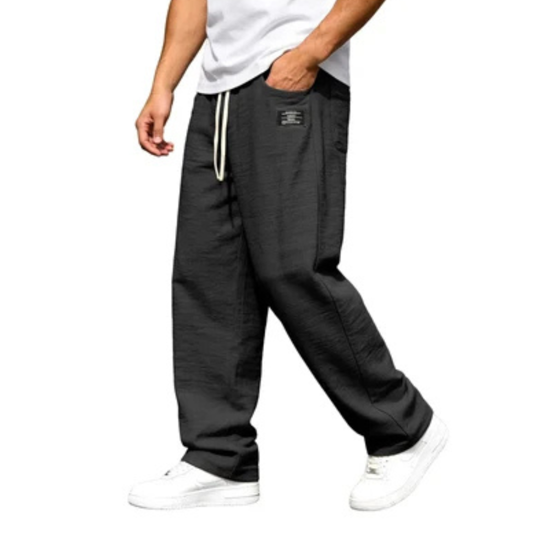Men's Straight-Leg Pants, Relaxed Fit with Elastic Drawstring Waist, Side Pockets & Patch Detail