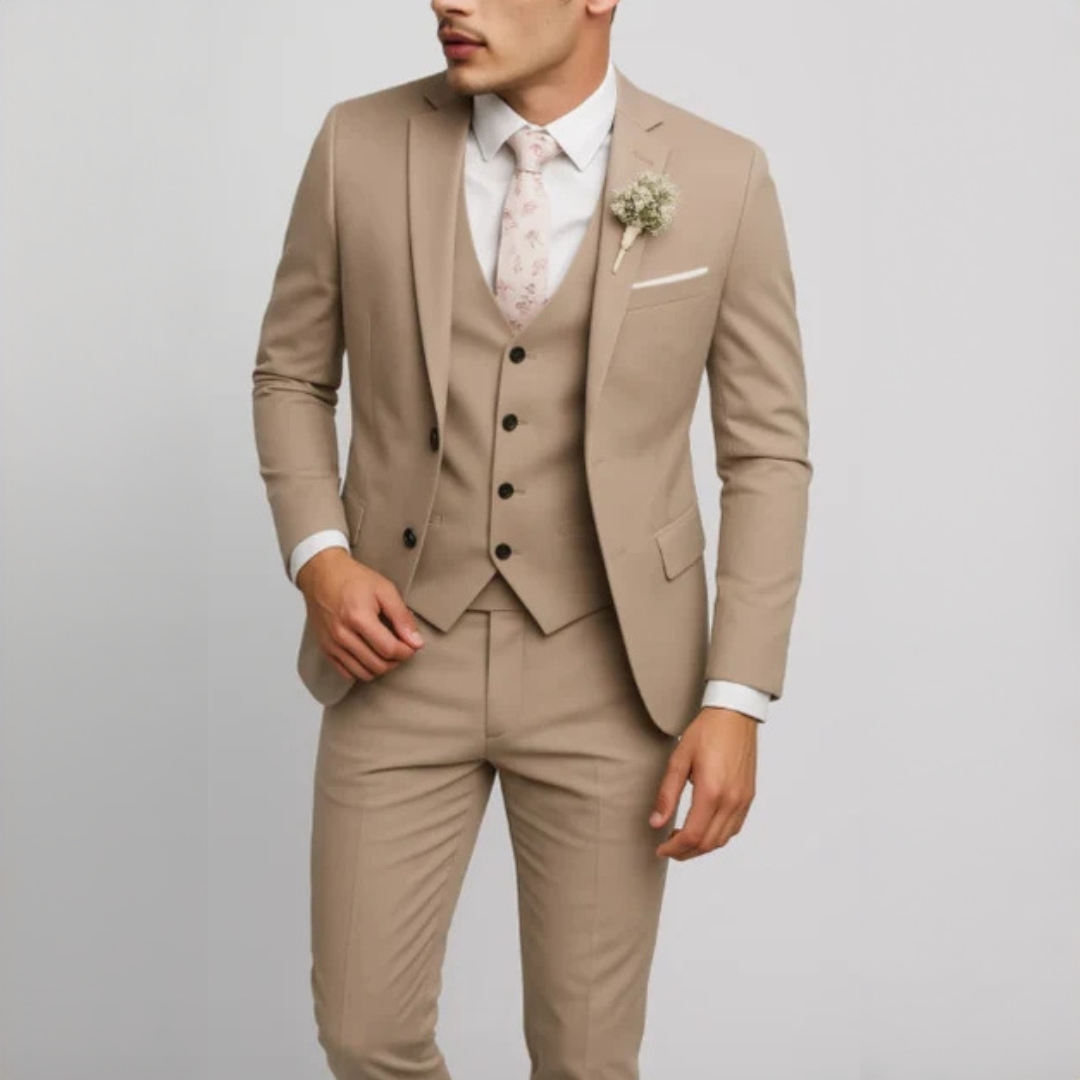 Men's suit set with waistcoat - modern-cut single-breasted jacket & flat-front trousers, crease-resistant