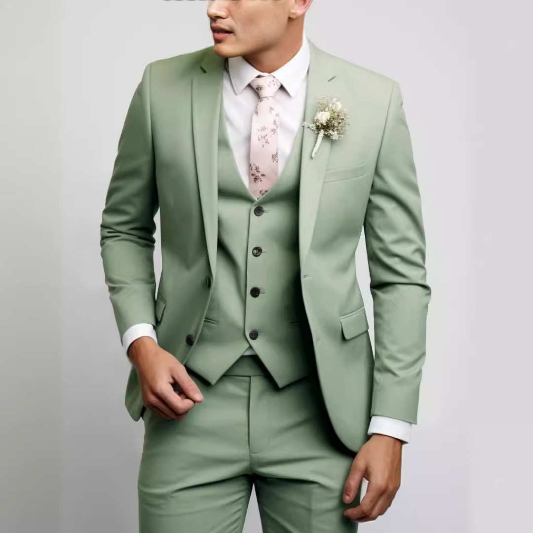Men's suit set with waistcoat - modern-cut single-breasted jacket & flat-front trousers, crease-resistant