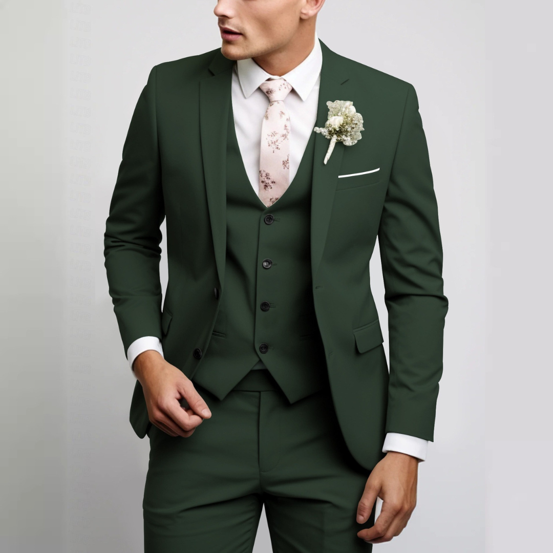 Men's suit set with waistcoat - modern-cut single-breasted jacket & flat-front trousers, crease-resistant