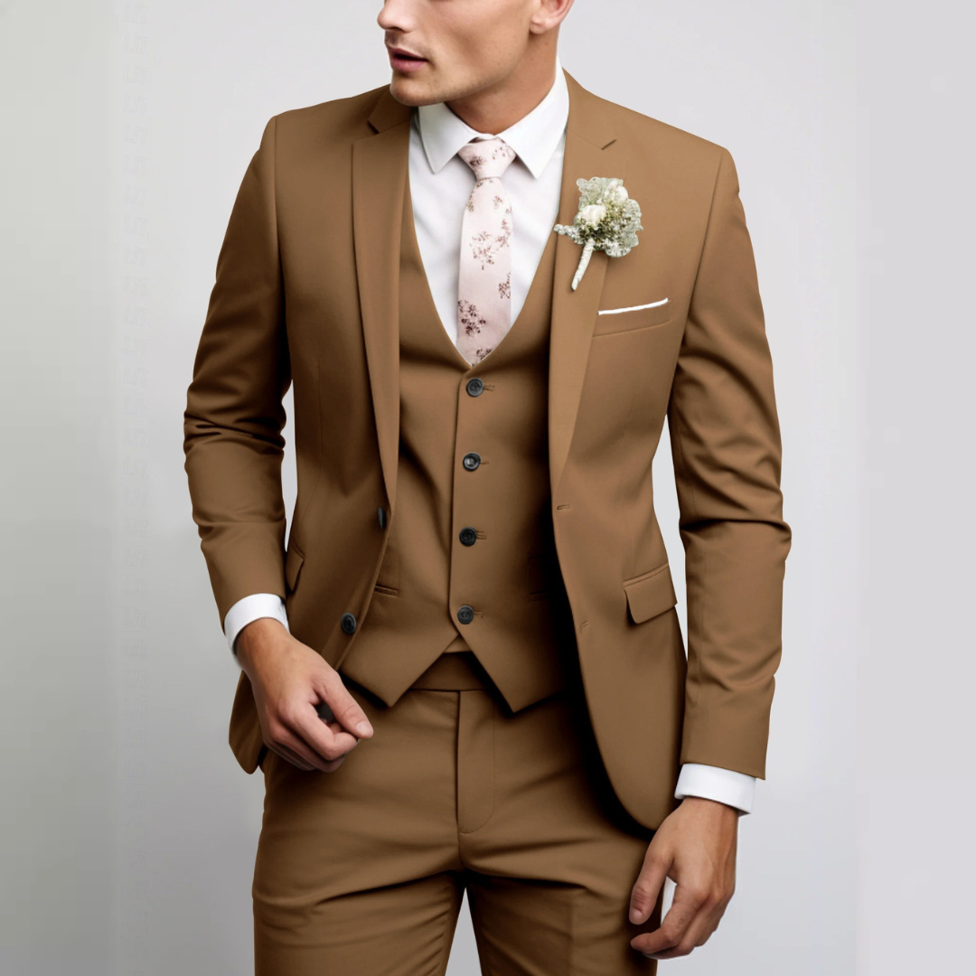 Men's suit set with waistcoat - modern-cut single-breasted jacket & flat-front trousers, crease-resistant