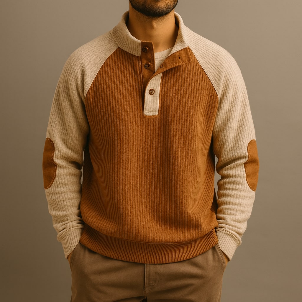 Men's Sweater with Button Placket and Mock Neck, Raglan Sleeves & Elbow Patches, Relaxed Fit