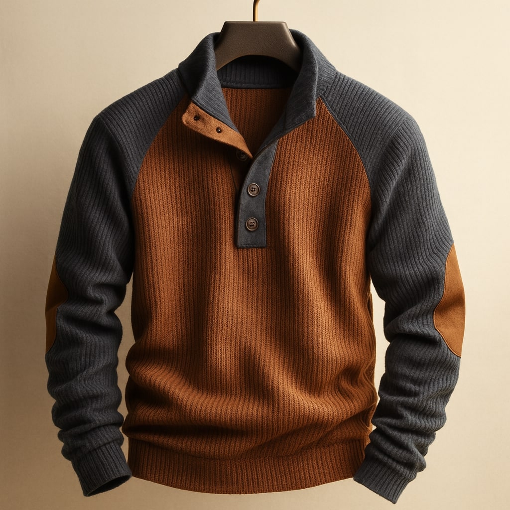 Men's Sweater with Button Placket and Mock Neck, Raglan Sleeves & Elbow Patches, Relaxed Fit