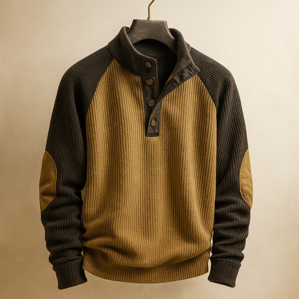 Men's Sweater with Button Placket and Mock Neck, Raglan Sleeves & Elbow Patches, Relaxed Fit
