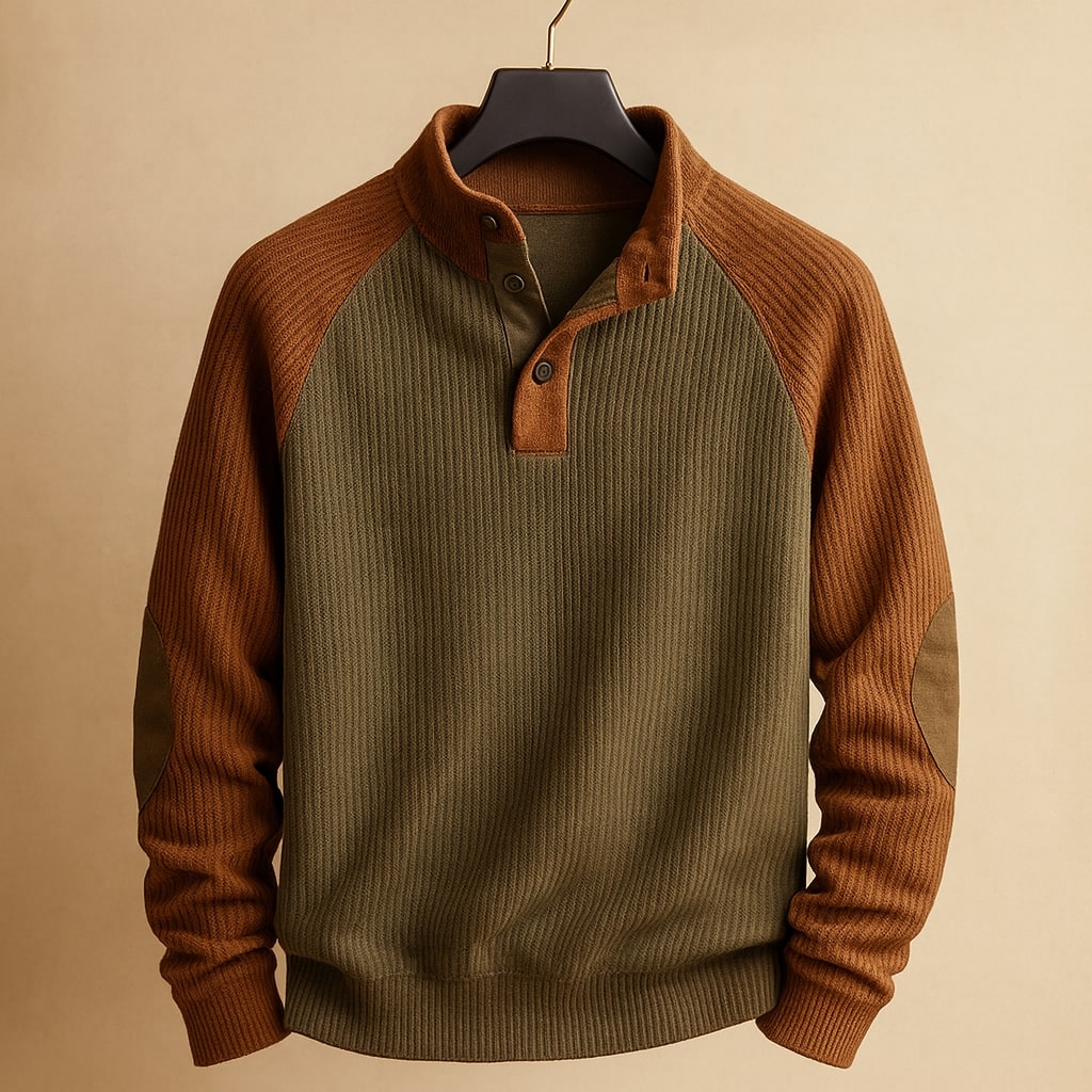 Men's Sweater with Button Placket and Mock Neck, Raglan Sleeves & Elbow Patches, Relaxed Fit