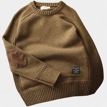 Men's Sweater with Elbow Patches - Crew Neck, Ribbed Cuffs