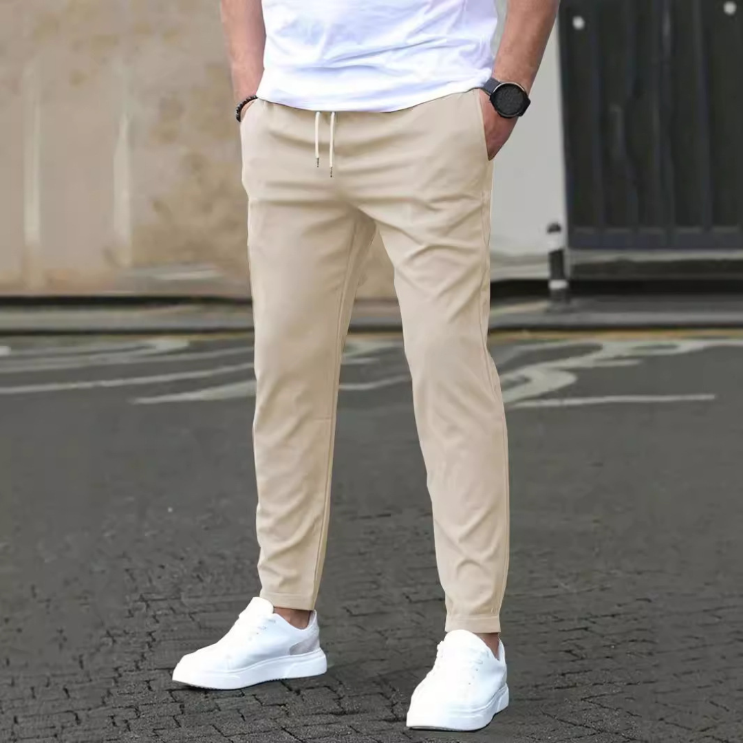 Men's Tapered Trousers with Drawstring Waist, Slim Fit, Anti-Wrinkle Stretch