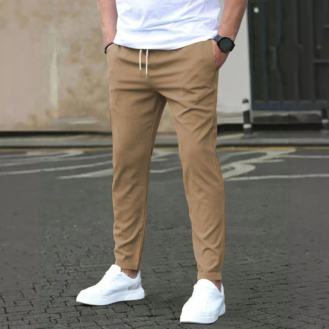 Men's Tapered Trousers with Drawstring Waist, Slim Fit, Anti-Wrinkle Stretch