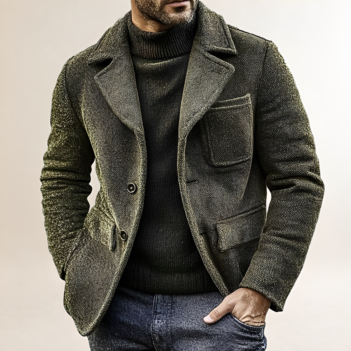Men's Textured Double Breasted Jacket with Patch Pocket