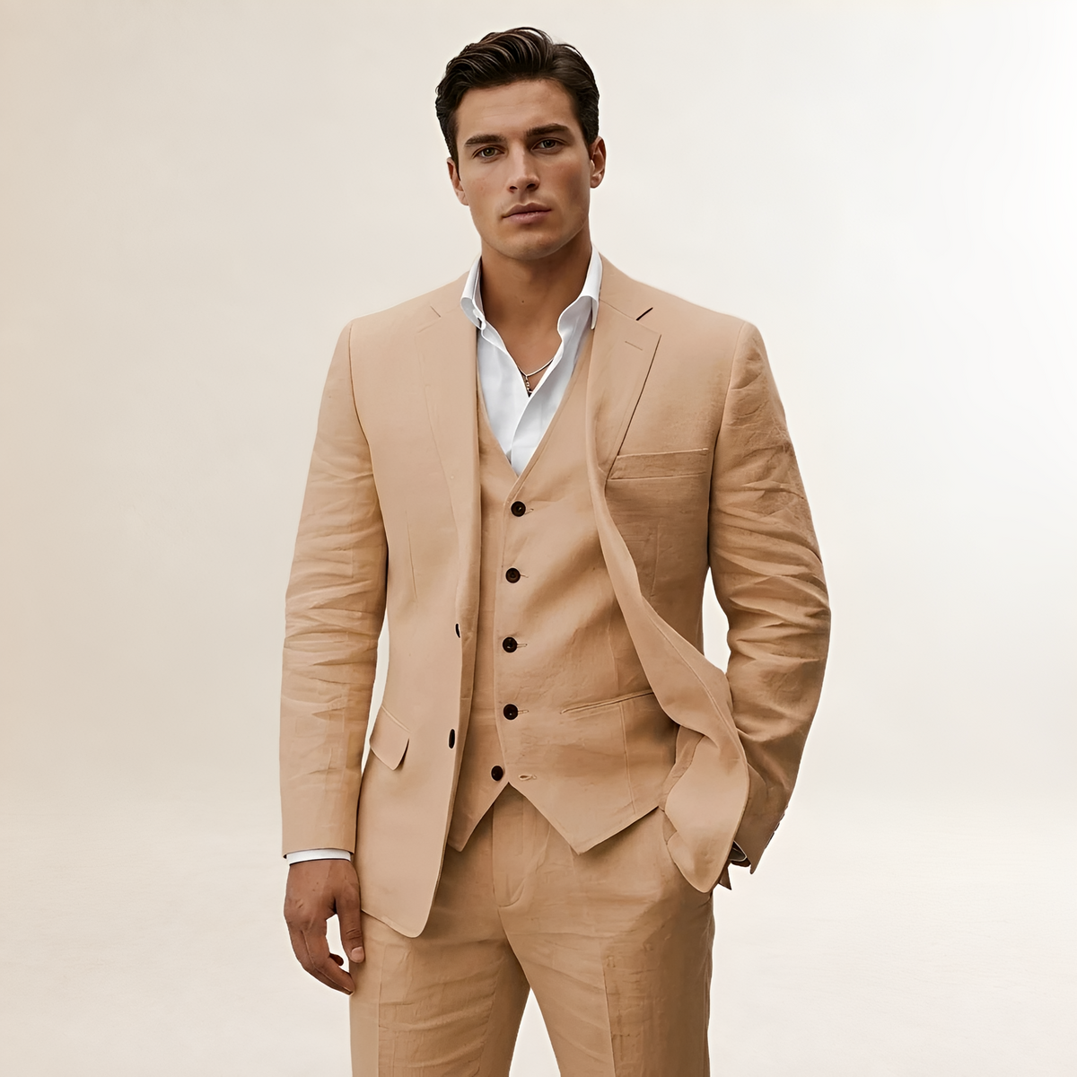 Men's Three-Piece Suit - Blazer, Vest, and Trousers with Notched Lapel and Button Closure