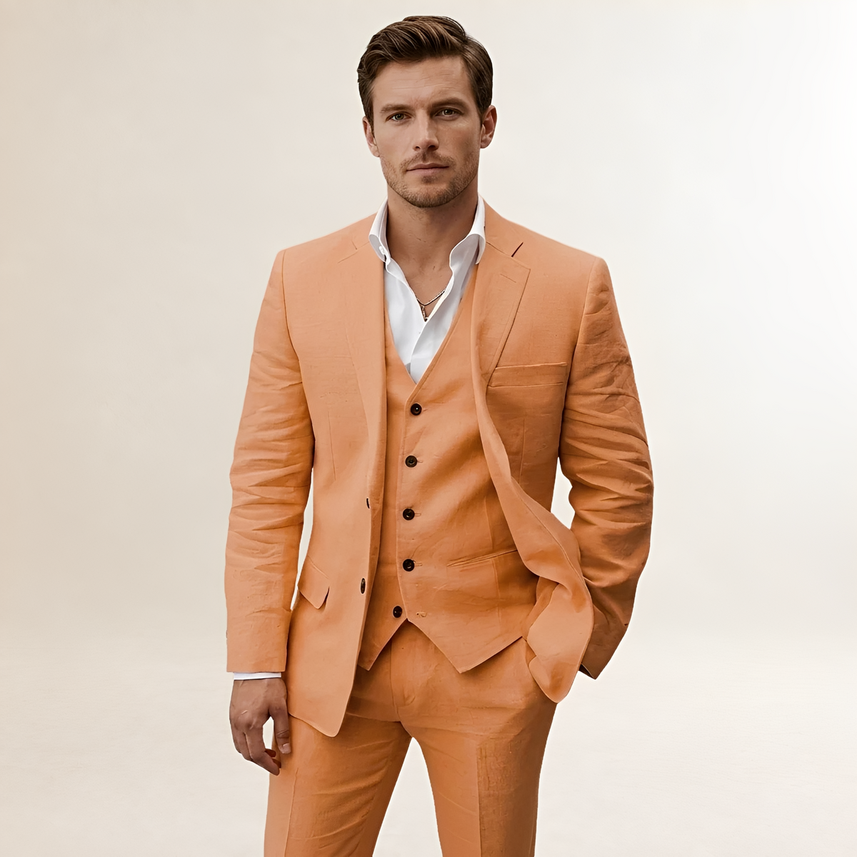 Men's Three-Piece Suit - Blazer, Vest, and Trousers with Notched Lapel and Button Closure