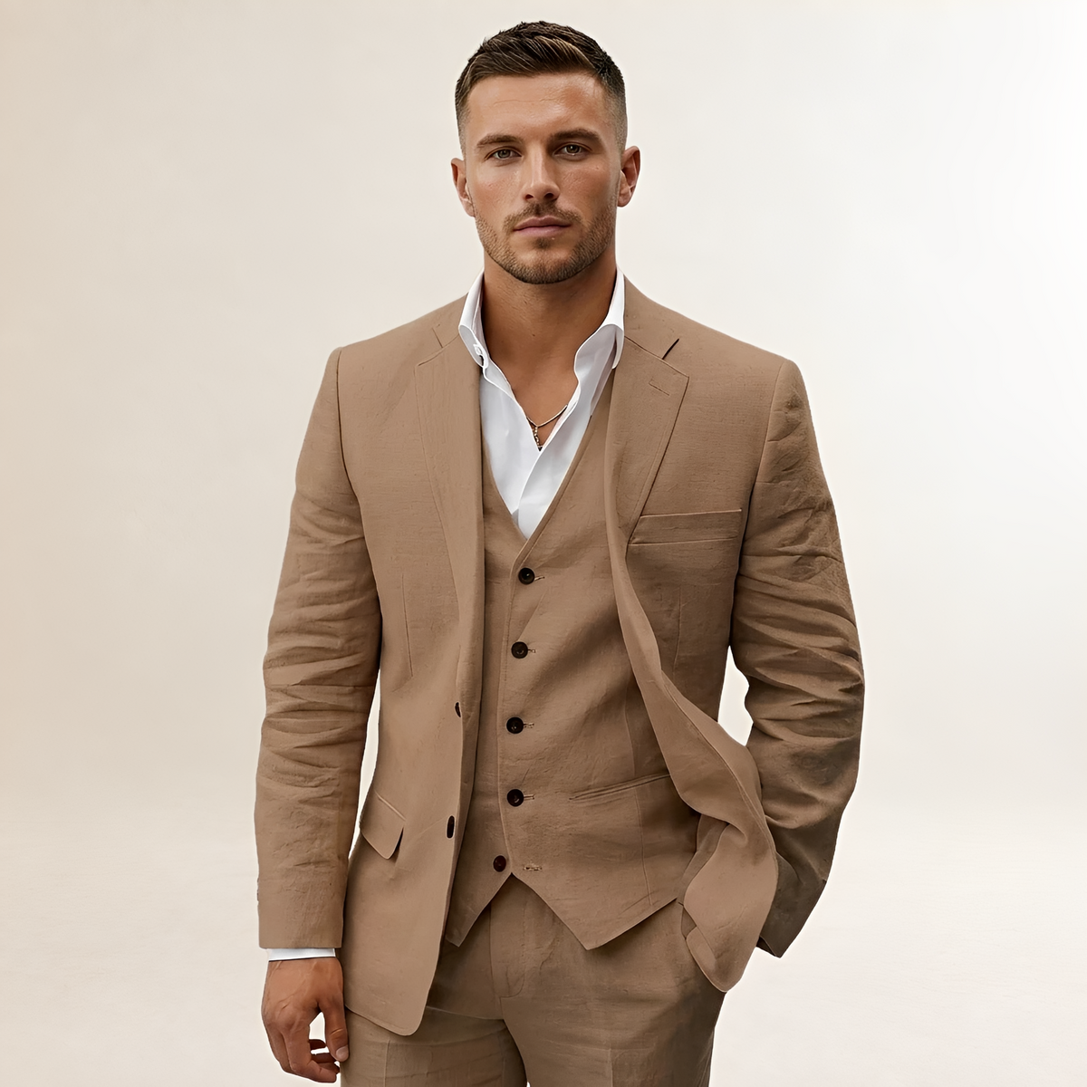 Men's Three-Piece Suit - Blazer, Vest, and Trousers with Notched Lapel and Button Closure
