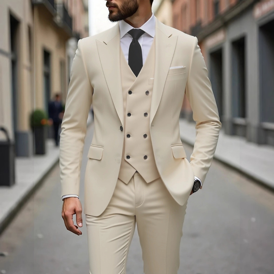 Men's Three-Piece Suit with Double-Breasted Waistcoat, Slim-Fit Two-Button Jacket