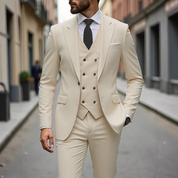 Men's Three-Piece Suit with Double-Breasted Waistcoat, Slim-Fit Two-Button Jacket