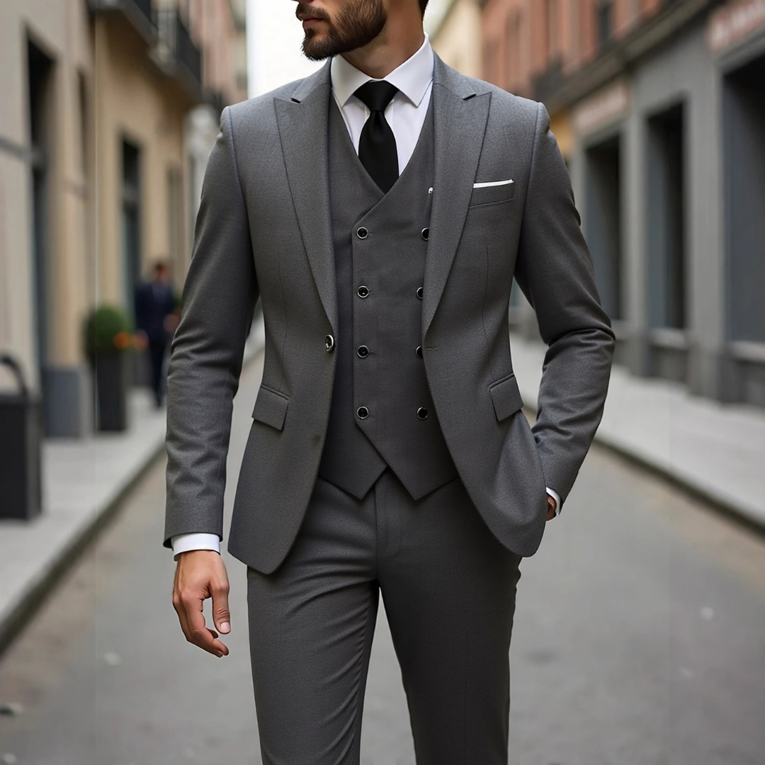Men's Three-Piece Suit with Double-Breasted Waistcoat, Slim-Fit Two-Button Jacket